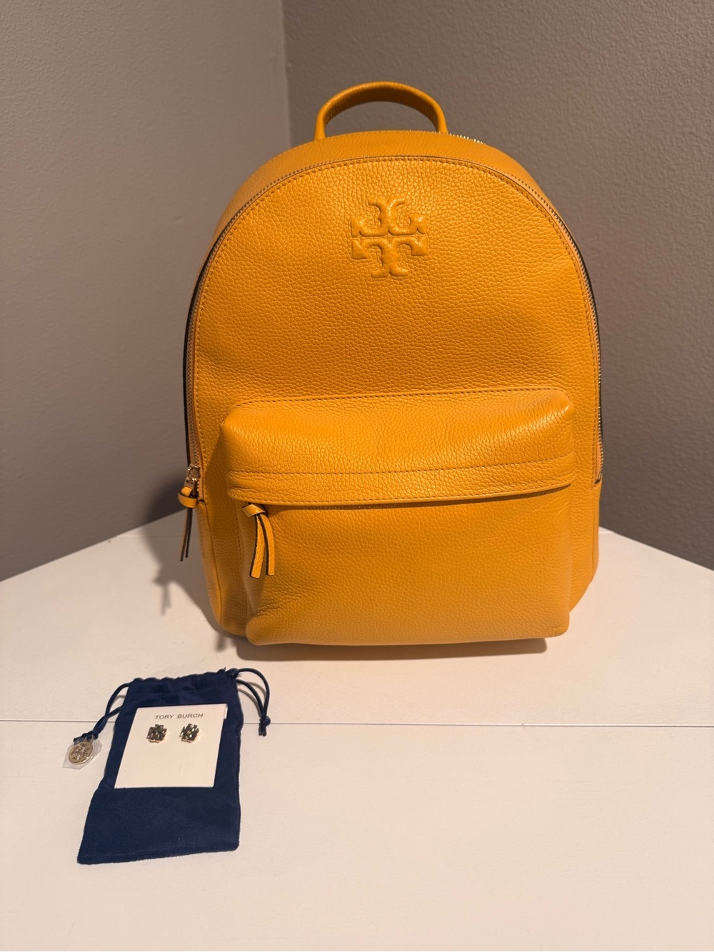 Tory Burch Mustard Yellow Pebbled Leather Backpack